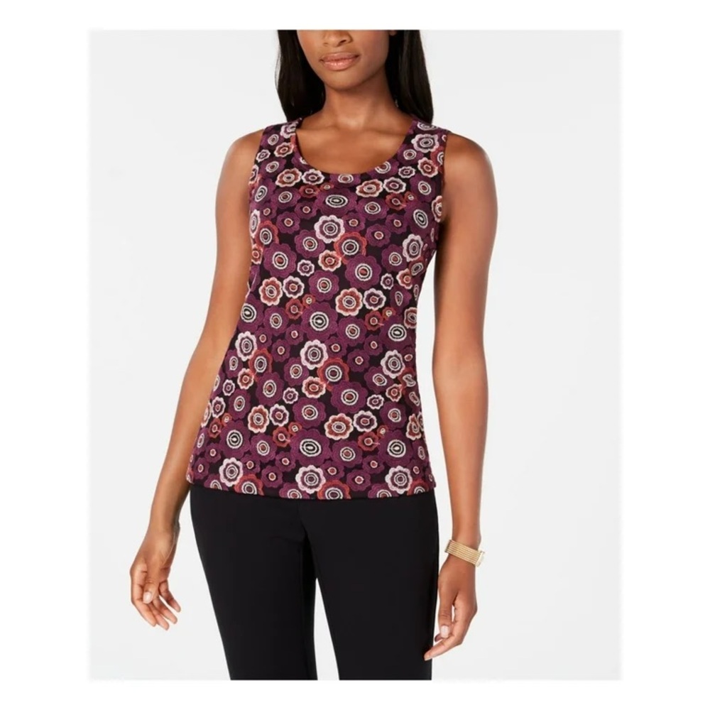 TOMMY HILFIGER Womens Purple Flower Embroidered Shell Sleeveless Top S